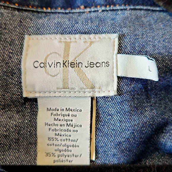 Calvin Klein Blue Denim Jean Button Up Jacket Metallic Stitching Women's Large - Picture 6 of 11